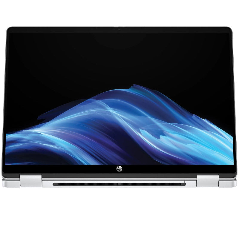 HP laptop with a colorful display on a white background
