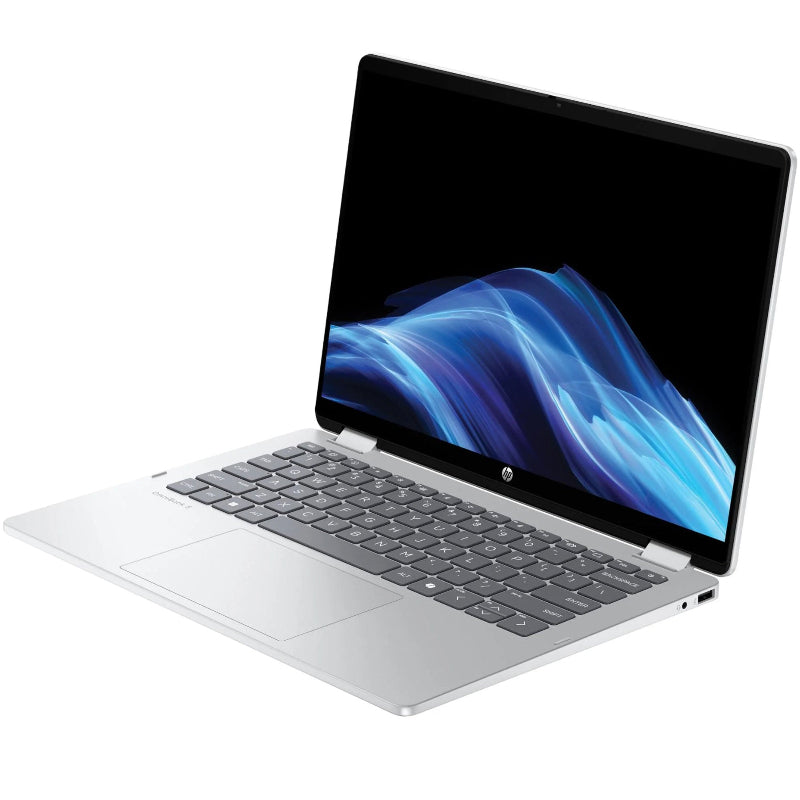 Open laptop with a blue and purple abstract design on the screen against a white background