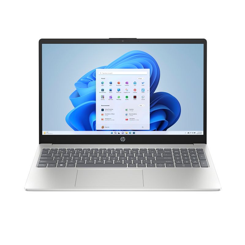 Laptop with a blue wallpaper and open application window on a white background