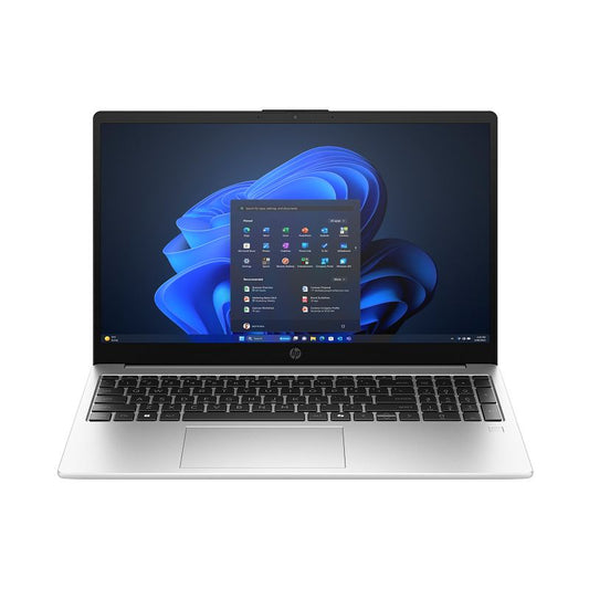 Laptop with a blue abstract design on the screen against a white background