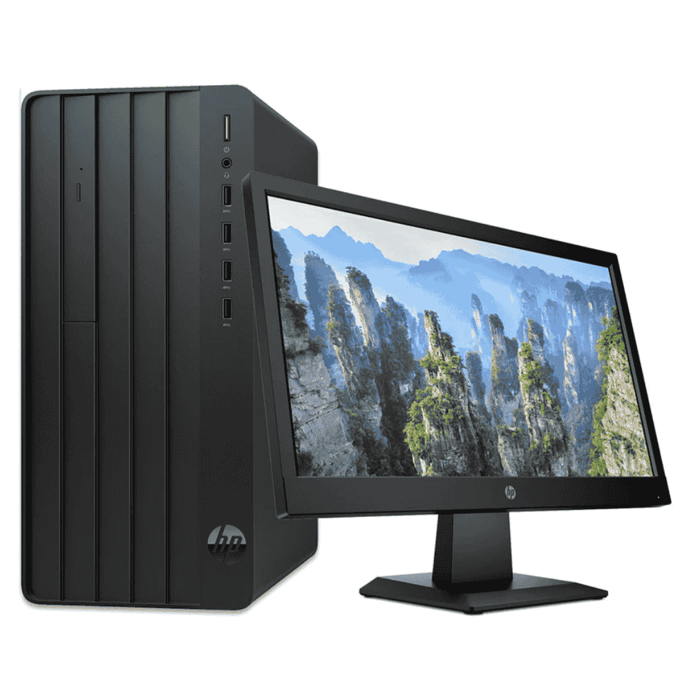 HP 290 G9 Tower Core i3 and monitor with scenic display on a white background