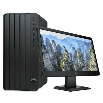 HP 290 G9 Tower Core i3 and monitor with scenic display on a white background