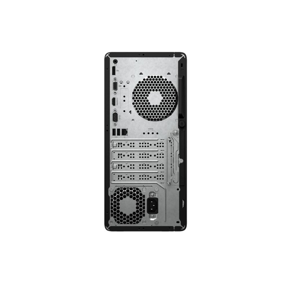 Back view of a HP 290 G9 Tower Core i3 with multiple ports and fans on a white background