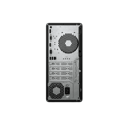 Back view of a HP 290 G9 Tower Core i3 with multiple ports and fans on a white background