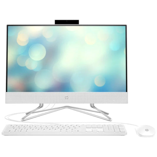 HP all-in-one computer with keyboard and mouse on a white background