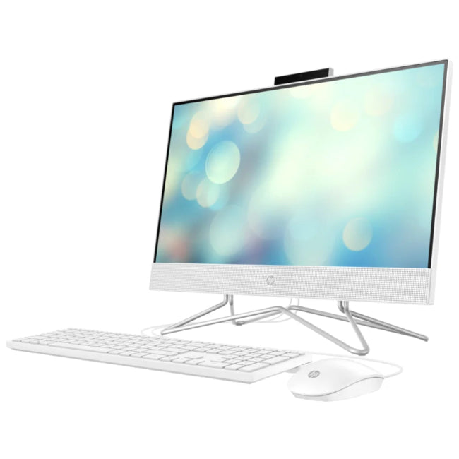 White HP All-in-One 24-cb1152nh with keyboard and mouse on a white background