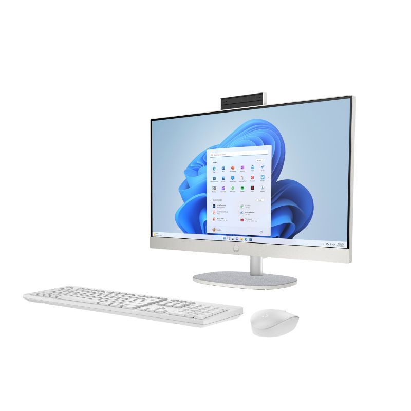 All-in-one computer with a monitor, keyboard, and mouse on a white background