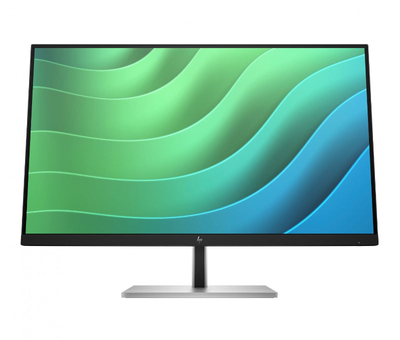 Computer monitor with a green and blue abstract design on the screen, on a white background