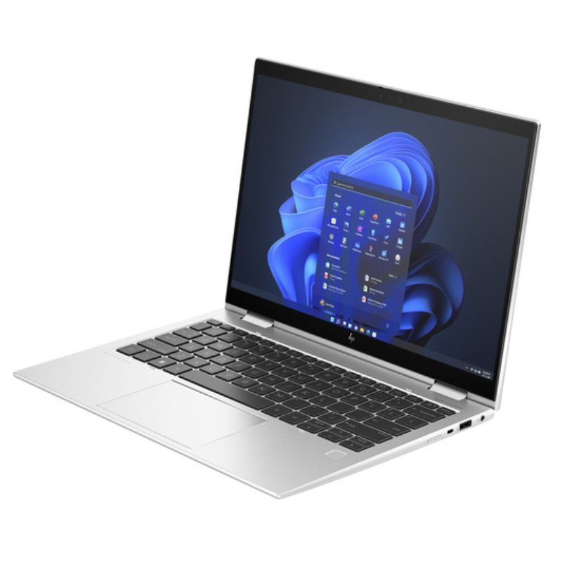 Laptop with a blue abstract design on the screen against a white background