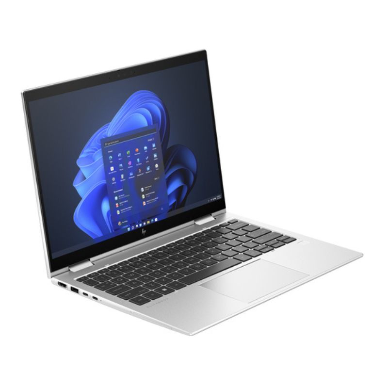 Open laptop with a blue abstract design on the screen against a white background
