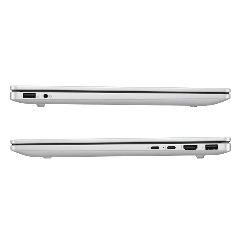 Two views of a silver laptop on a white background
