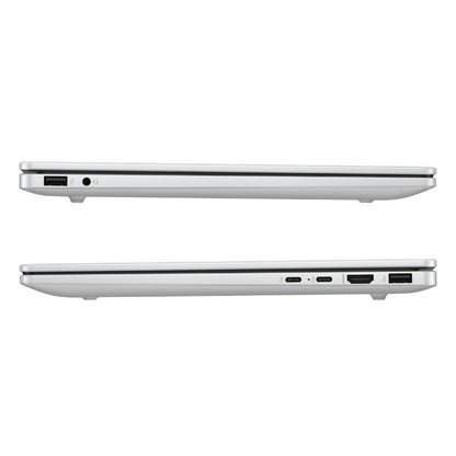 Two views of a silver laptop on a white background