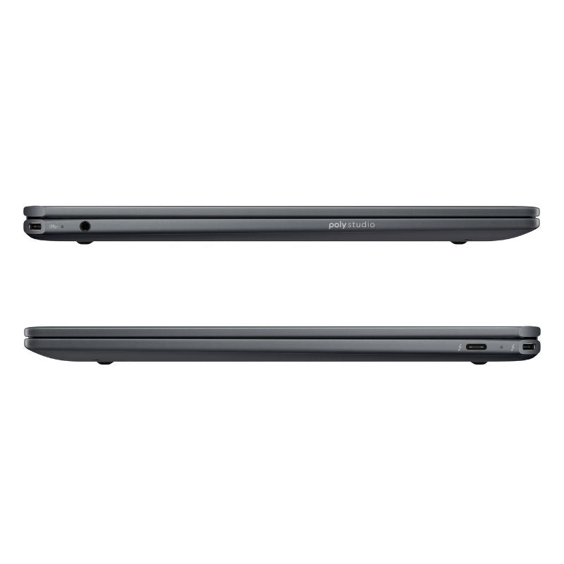 Two black laptops side by side on a white background with 'poly studio' branding.