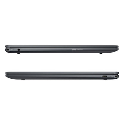 Two black laptops side by side on a white background with 'poly studio' branding.