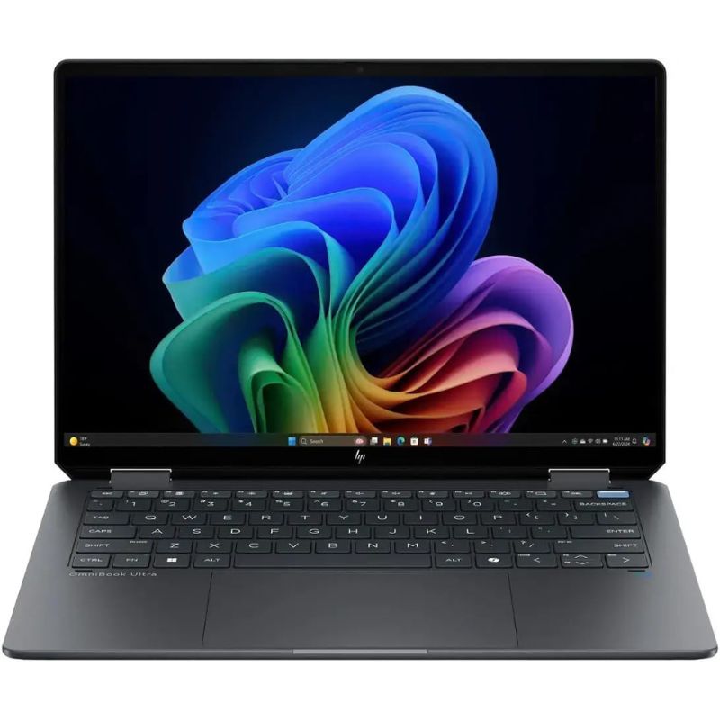 Laptop with a colorful abstract design on the screen