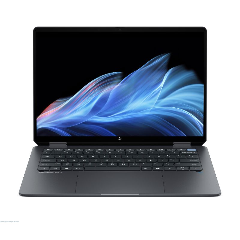 Laptop with a colorful display on a white background