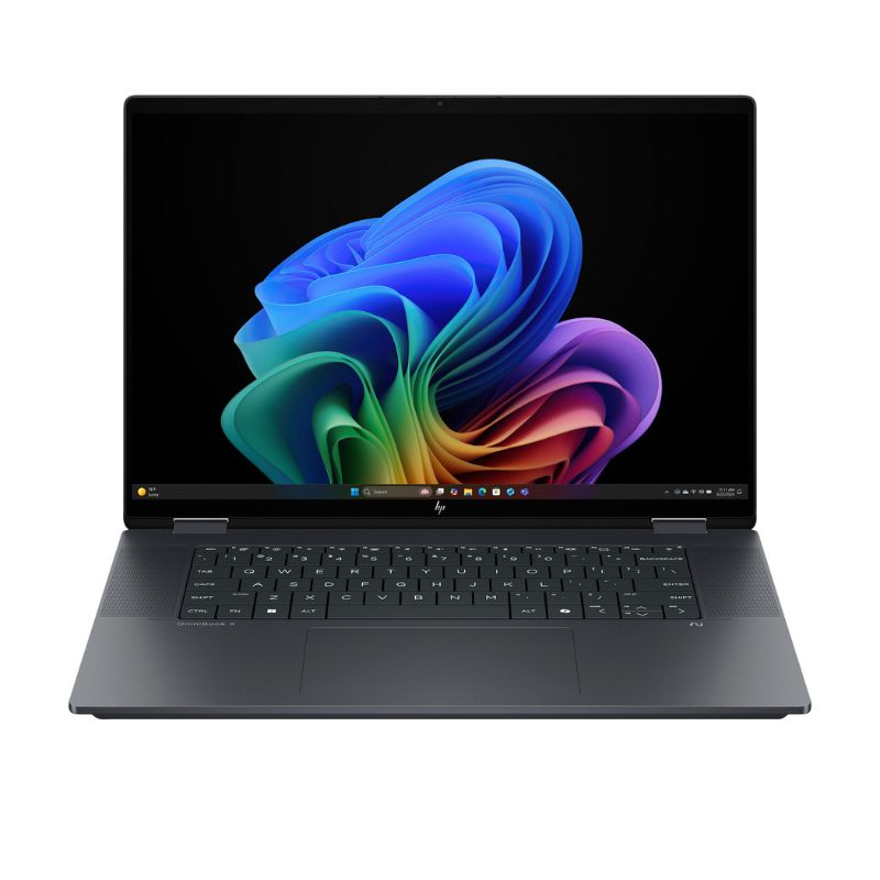 Laptop with a colorful abstract design on the screen against a white background
