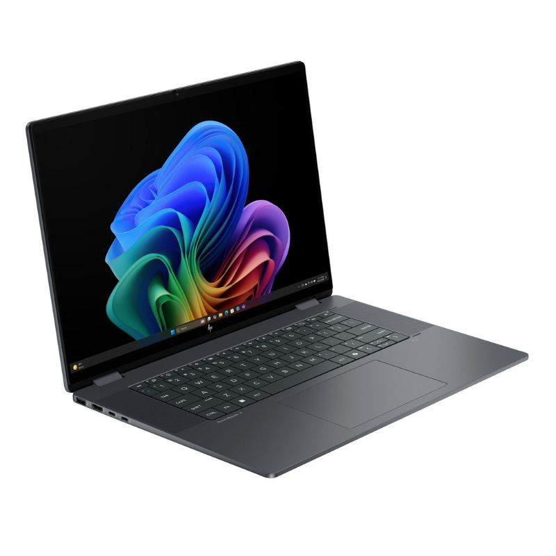 Laptop with a colorful abstract design on the screen against a white background