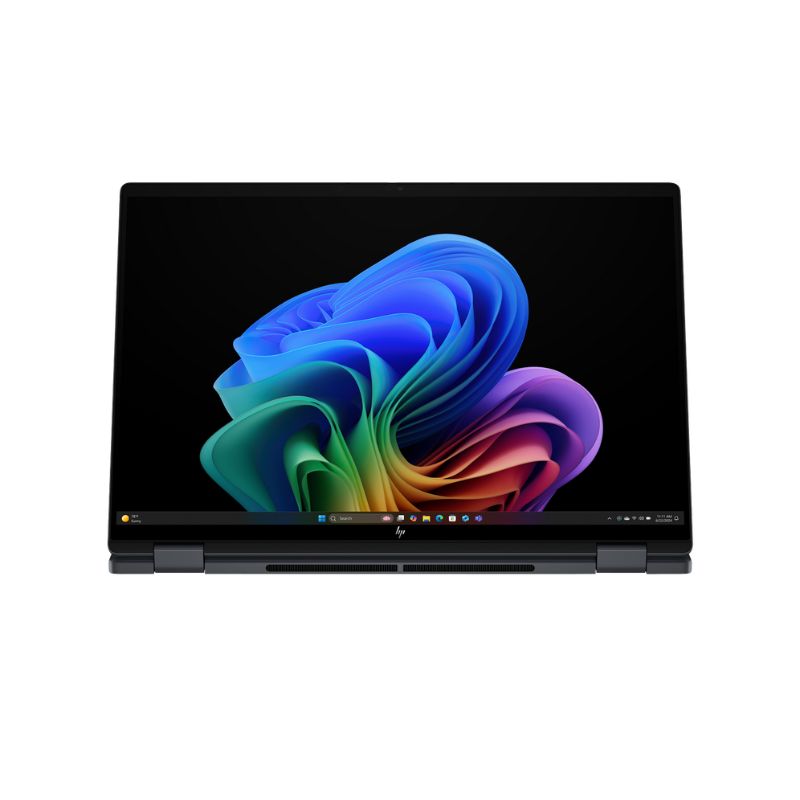 Laptop with a colorful abstract design on the screen against a white background