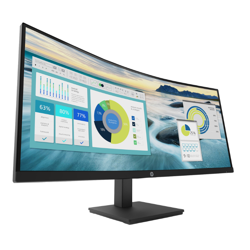 Curved computer monitor displaying multiple screens with graphs and data on a white background