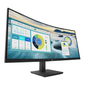 Curved computer monitor displaying multiple screens with graphs and data on a white background