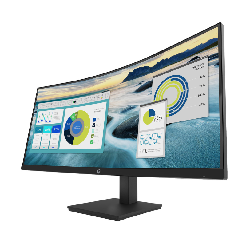 Curved computer monitor displaying multiple screens with graphs and charts on a white background