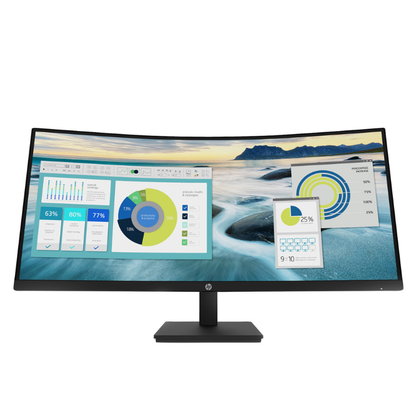 Curved computer monitor displaying multiple screens with graphs and data on a white background