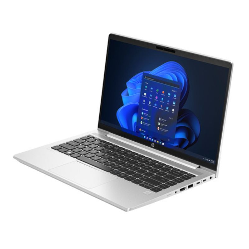 Laptop with a blue abstract design on the screen against a white background