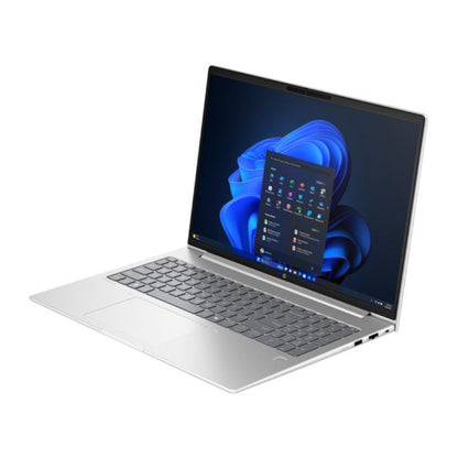 Silver laptop with a blue abstract design on the screen on a white background