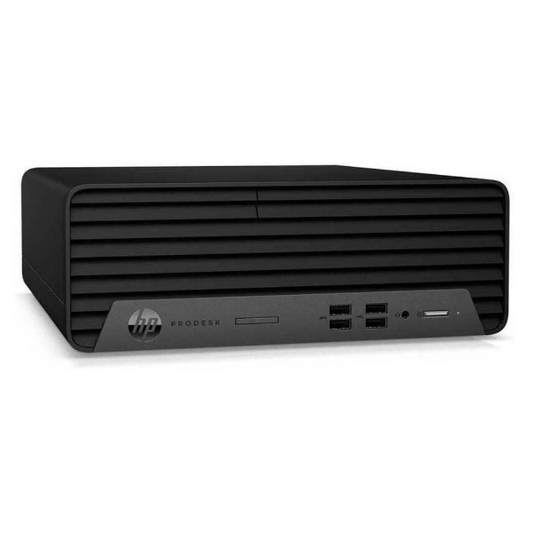 Black HP ProDesk computer on a white background