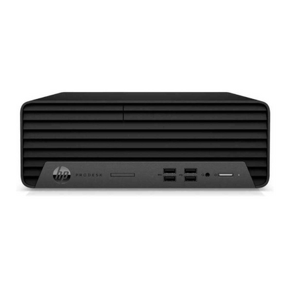Black HP ProDesk computer on a white background