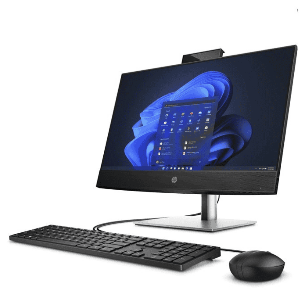 HP all-in-one ProOne 440 G9 with Intel Core i7 computer with keyboard and mouse on a white background