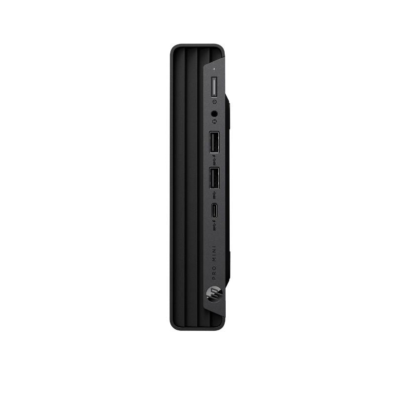 Side view of a black HP desktop computer on a white background