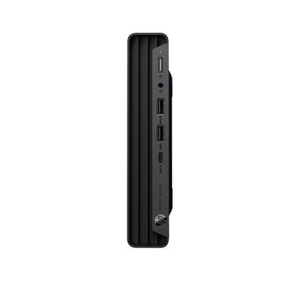 Side view of a black HP desktop computer on a white background