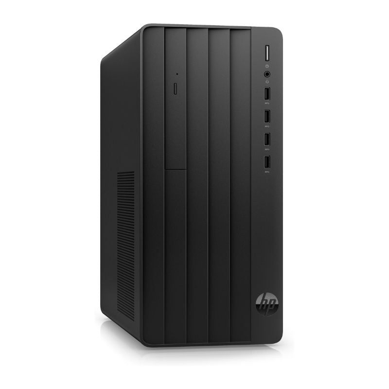 Black HP desktop computer tower on a white background