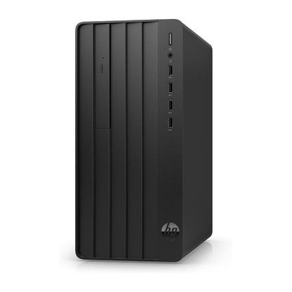Black HP desktop computer tower on a white background