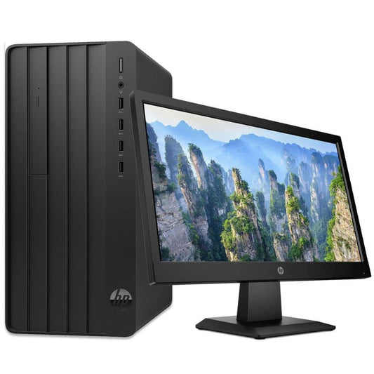 HP desktop computer with a monitor displaying a mountainous landscape on a white background