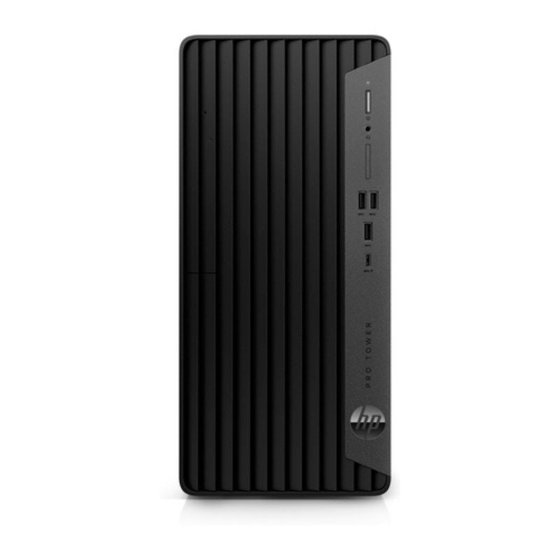 Black HP desktop computer tower on a white background