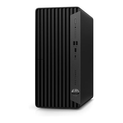 Black HP desktop computer on a white background