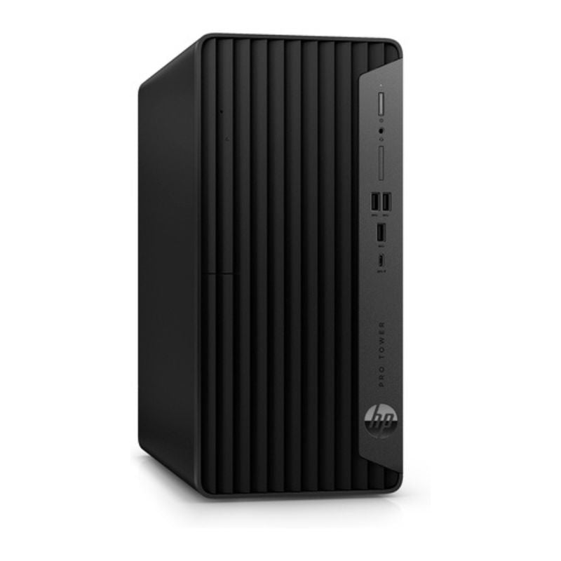 Black HP desktop computer tower on a white background