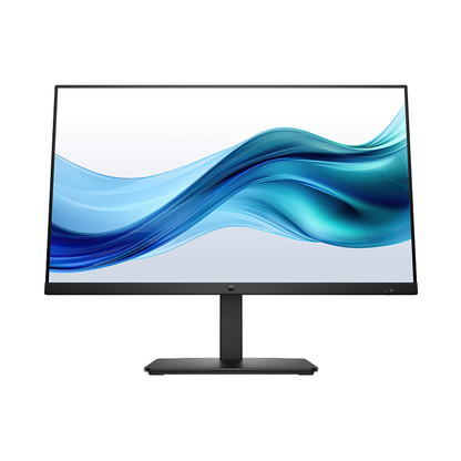 Computer monitor with a blue and white abstract design on the screen, on a white background