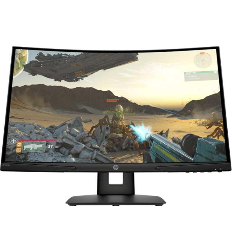 Gaming monitor displaying a first-person shooter game with a mountainous landscape and alien architecture.