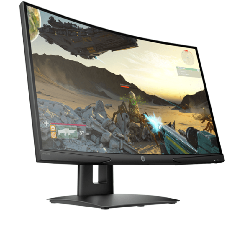 Gaming monitor displaying a first-person shooter game on a white background