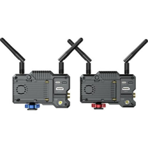 Two black electronic devices with antennas on a white background