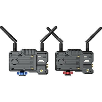 Two black electronic devices with antennas on a white background