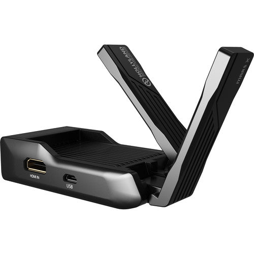 Black and silver Hollyland Mars X 1080p HDMI Wireless Video Transmitter
 with ports on a white background