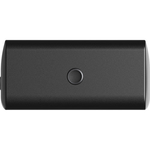 Black rectangular battery pack with a power button on a white background