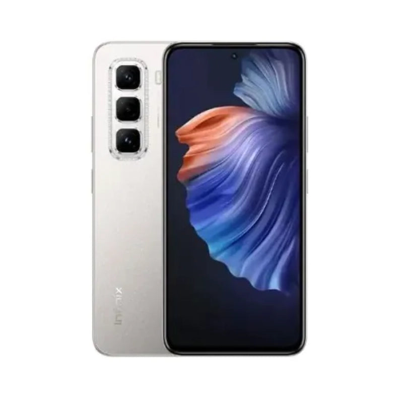 Smartphone with a colorful display and camera setup on a white background