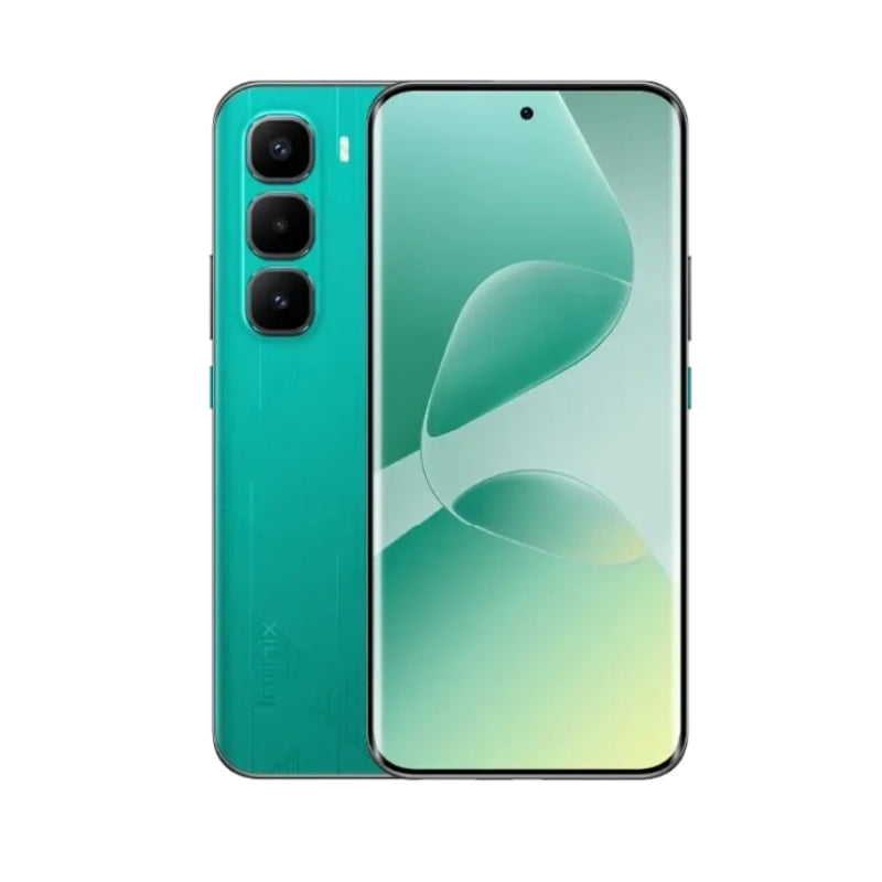 Green smartphone showing back and front views on a white background