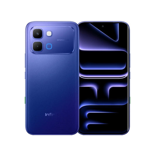 Blue smartphone showing front and back on a white background